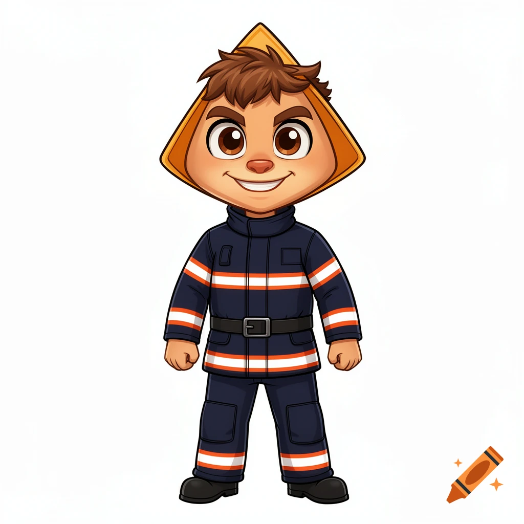 Friendly cartoon boy with a triangular head and messy brown hair, wearing a dark blue firefighter suit with reflective stripes.