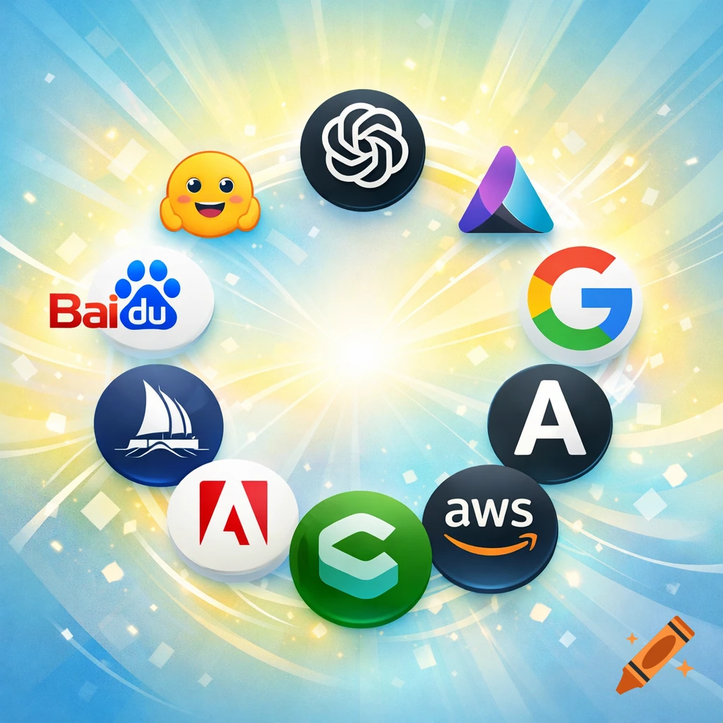 A circle of generative AI brand logos including Baidu, Google, AWS, Adobe, ChatGPT, Anthropic, Midjourney, and Character.AI, set against a bright, joyful background.