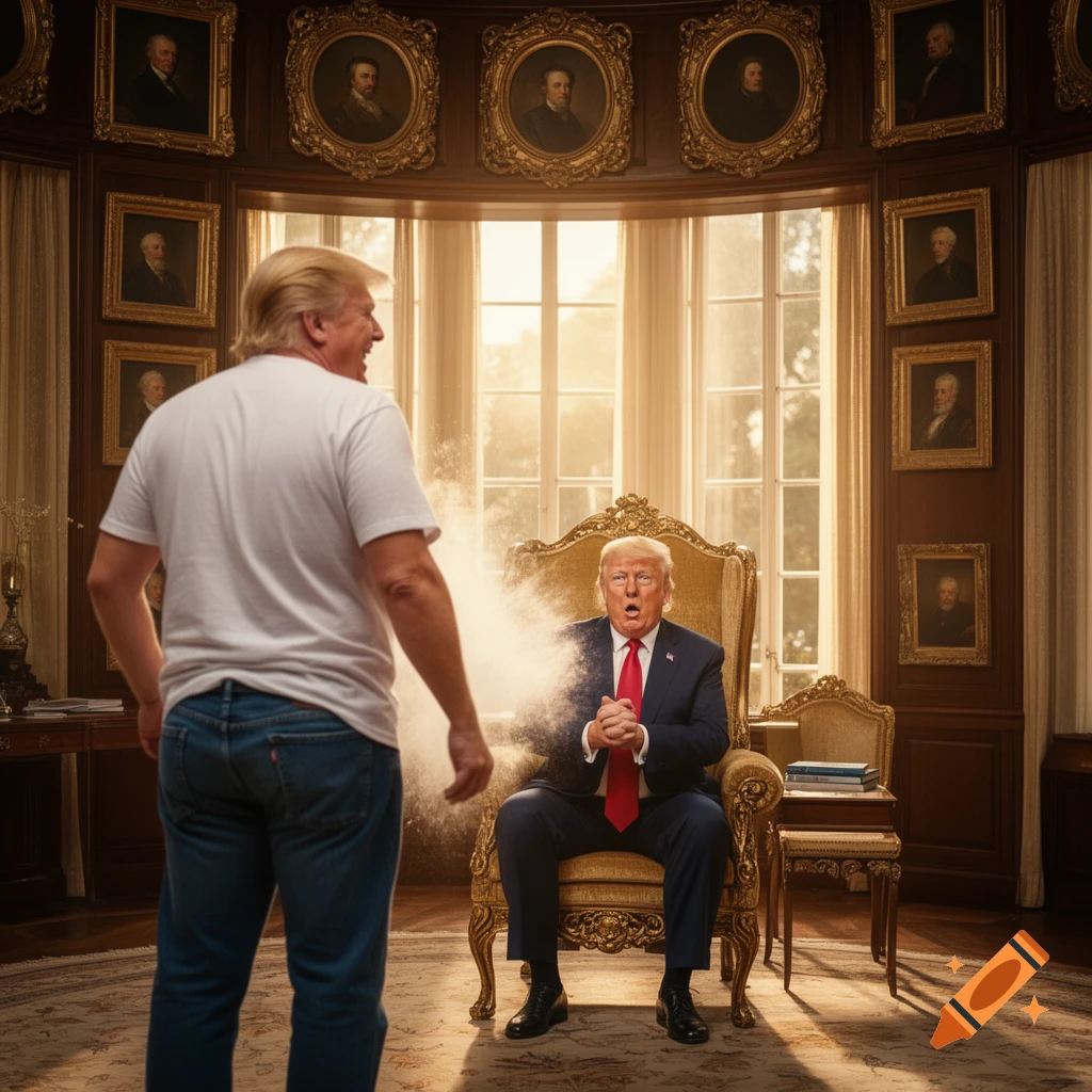 A man stands with his back to the viewer, a cloud of dust emanating from him towards a surprised Donald Trump seated in a gold armchair in a lavish room with portraits.
