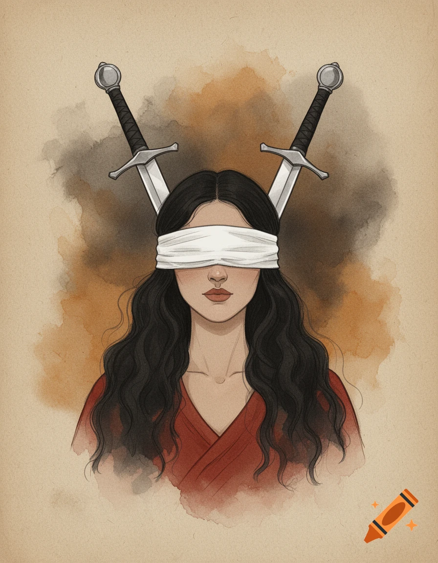 A watercolor-style illustration of a blindfolded woman with long dark hair and a red top, with two crossed swords behind her head, on a sepia background.