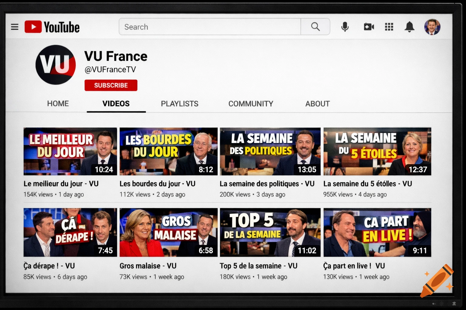 A photorealistic depiction of a YouTube channel page for "VU France", showing various video thumbnails with French titles, view counts, and timestamps.