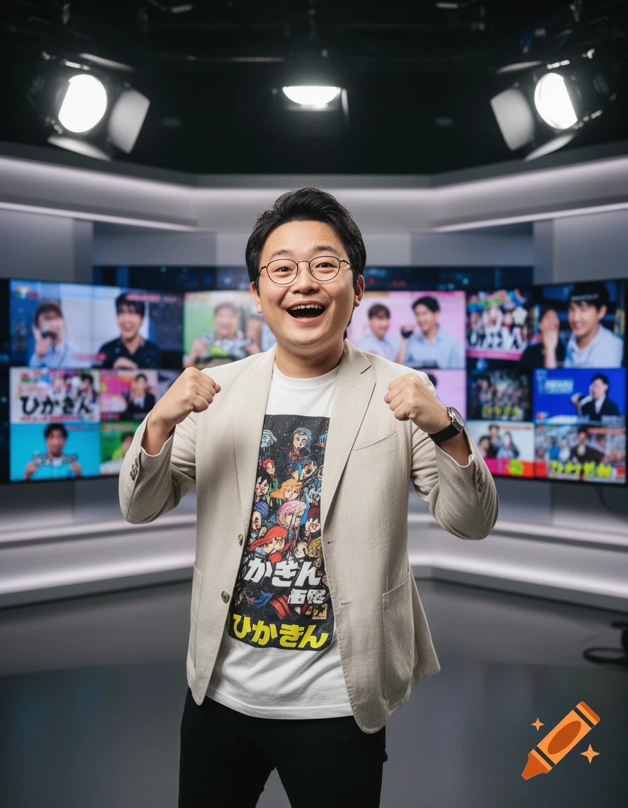 A smiling man wearing a beige blazer over a white t-shirt with anime characters and Japanese text, standing in a studio with multiple screens.