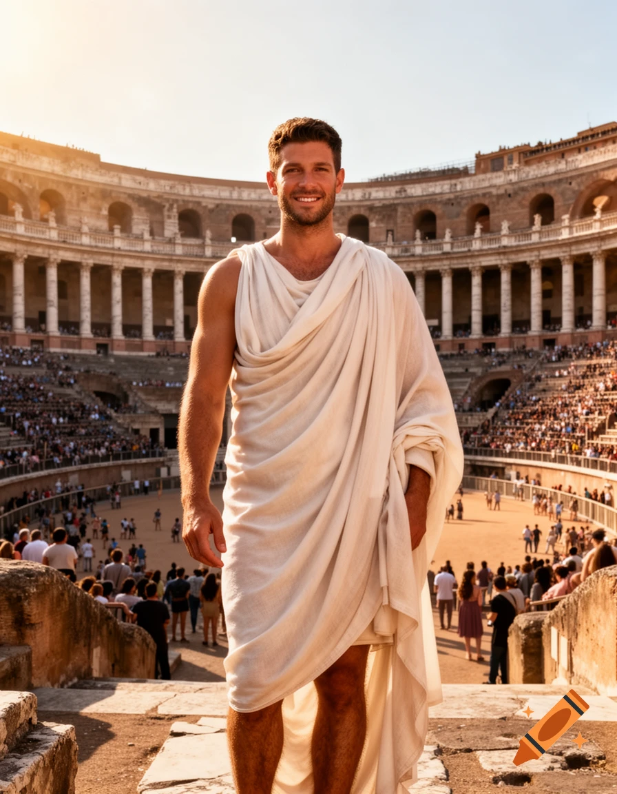 A smiling man in a white toga stands in a sunlit ancient Roman amphitheater filled with people.