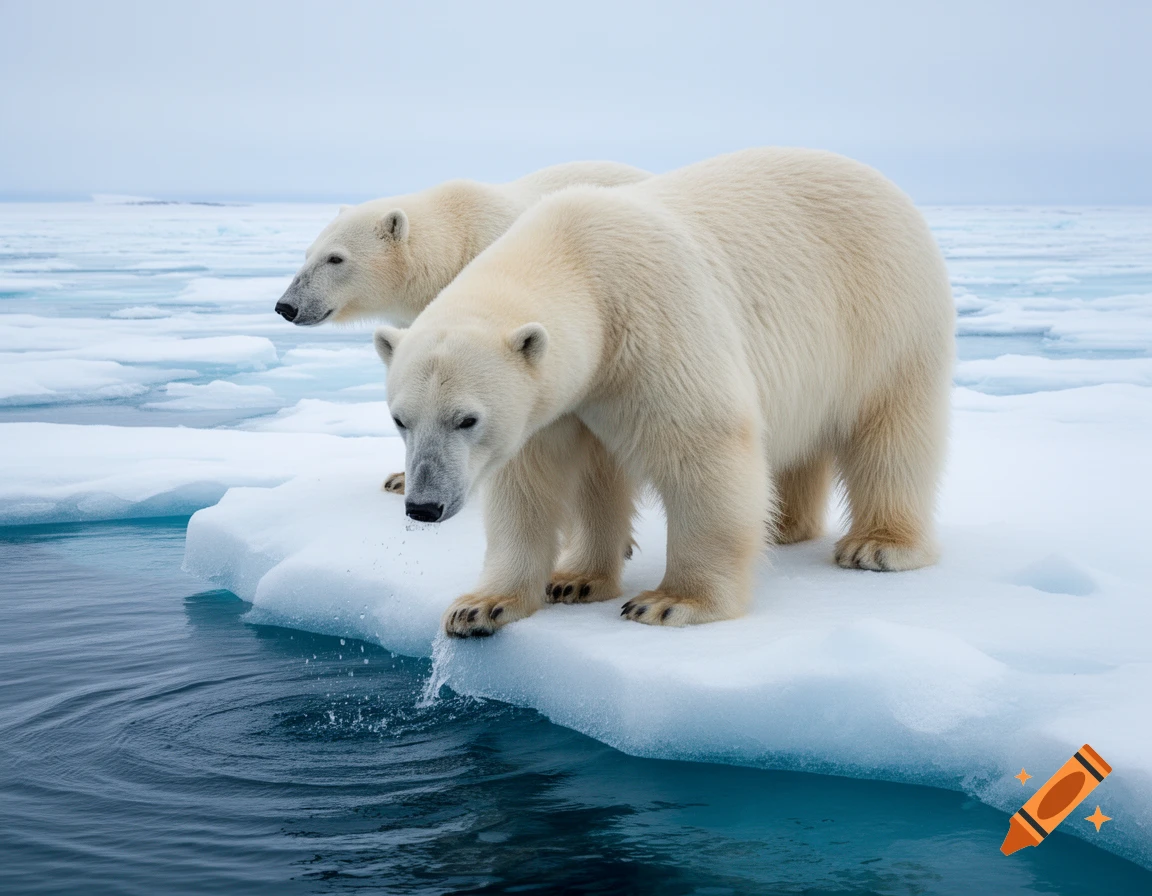 Two photorealistic polar bears on an ice floe, one looking into dark blue water, creating ripples.