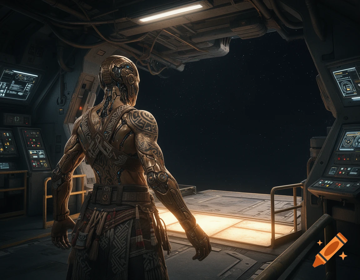 A golden, tattooed humanoid cyborg stands in a futuristic spaceship looking out a large window into deep space.
