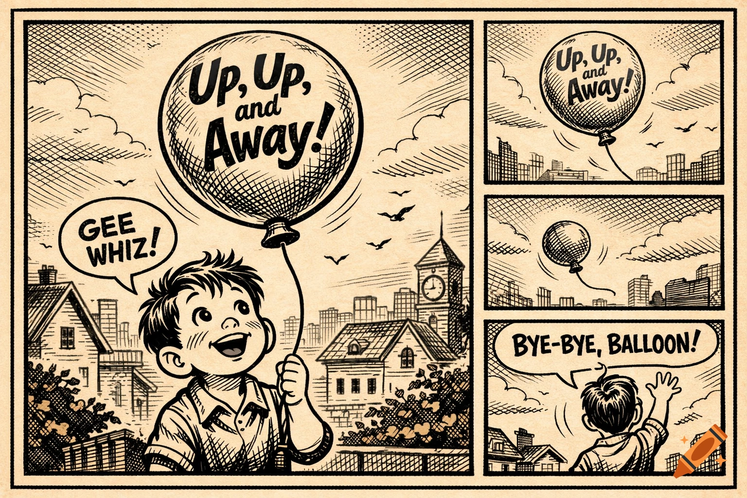 Vintage comic strip: a boy joyfully releases a balloon that says 'Up, Up, and Away!', then waves 'Bye-Bye, Balloon!' as it floats over a town.