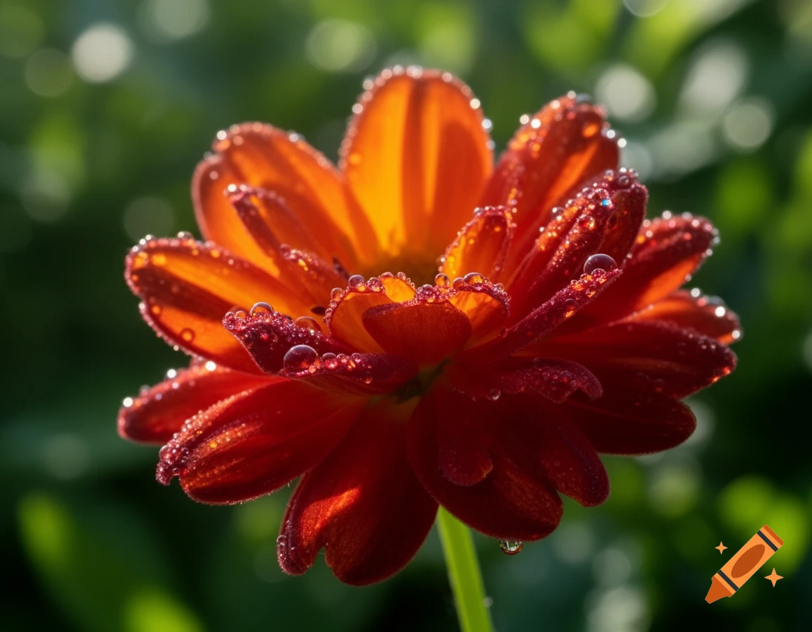 A vibrant red and orange flower covered in glistening water droplets, illuminated by sunlight against a blurry green background.