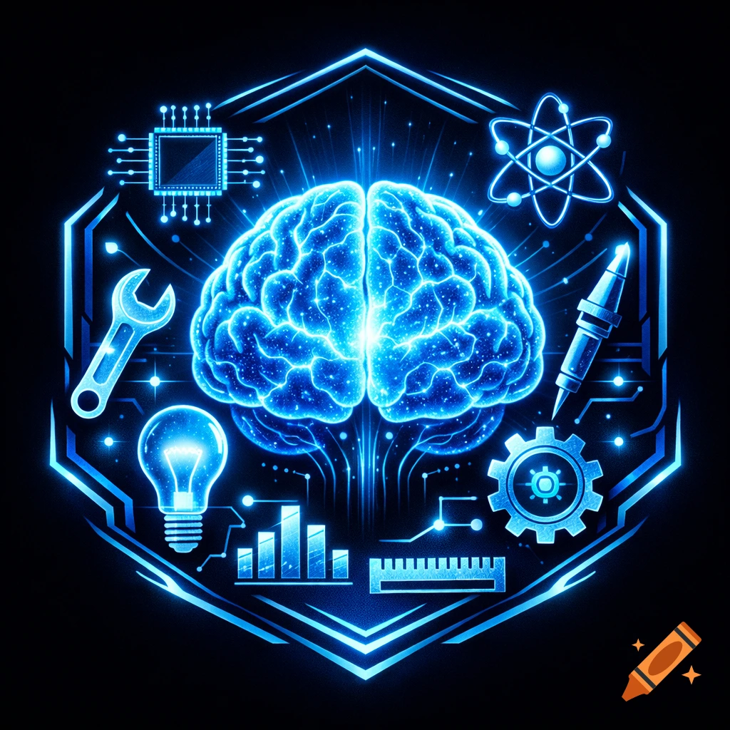 A glowing blue brain surrounded by neon technology and science icons within a hexagonal frame on a dark background.