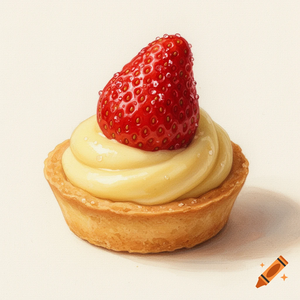 A photorealistic close-up of a strawberry tart with creamy yellow custard and a glistening red strawberry on top, set against a plain white background.