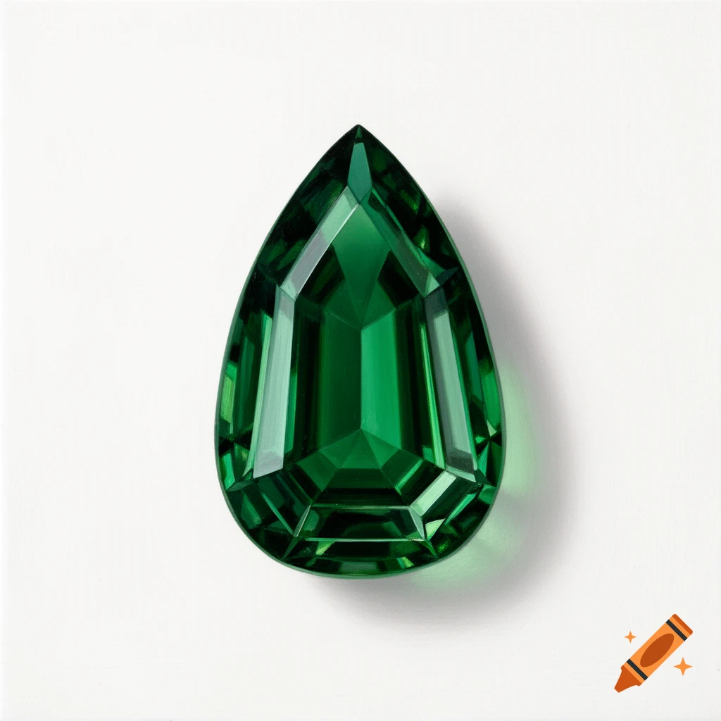 A top view of a pear-shaped emerald green gemstone with rectangular step-cut facets, set against a simple white background.