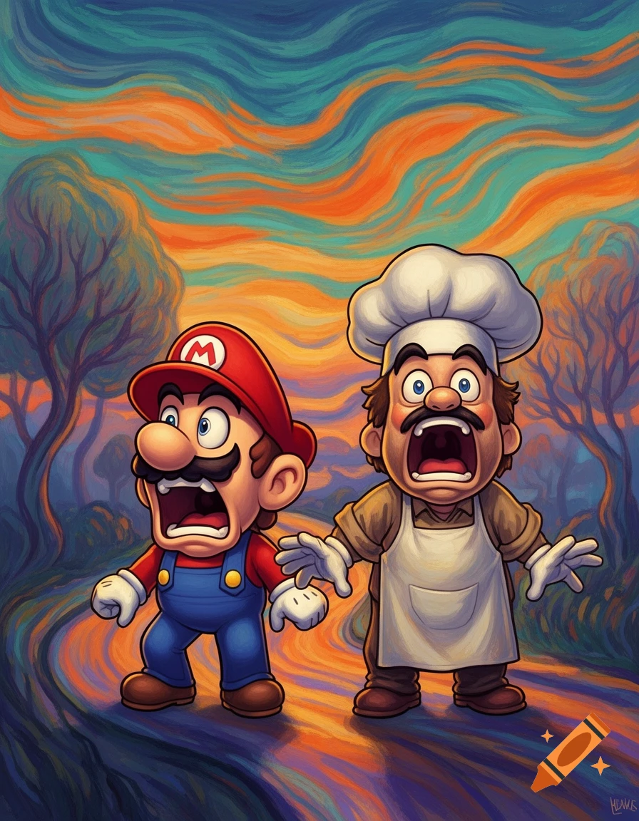 Mario and a chef character scream in a colorful, expressionistic landscape with swirling skies and roads.