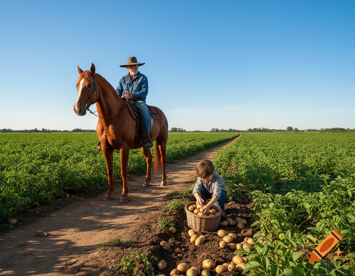 A man on a brown horse observes a child picking potatoes into a basket on a dirt path in a vast green field.