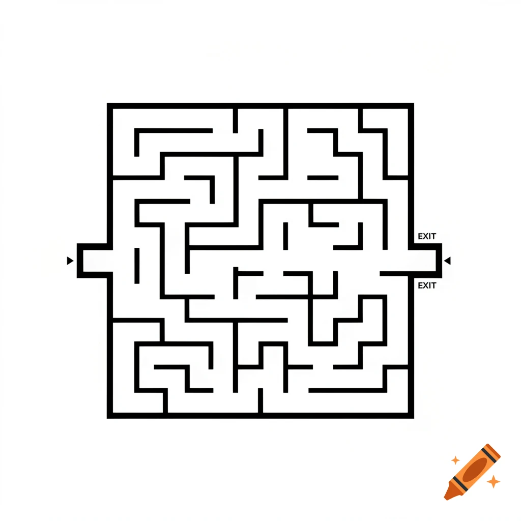 A complex black and white 2D maze with thick black walls and a pure white background, seen from a top-down view. An entrance with an arrow is on the left, and two exits with arrows and the word "EXIT" are on the right.