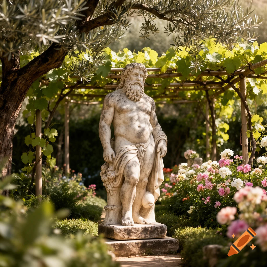 Classical marble statue of a bearded man in a lush, sunlit garden with flowers and an olive tree.
