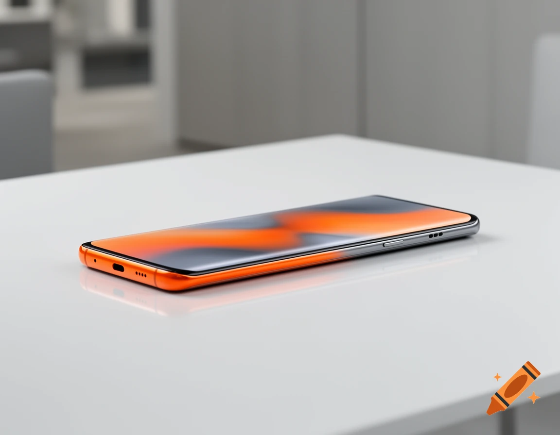 An angled, close-up shot of an orange and gray smartphone on a white table, displaying an abstract orange and gray screen wallpaper.