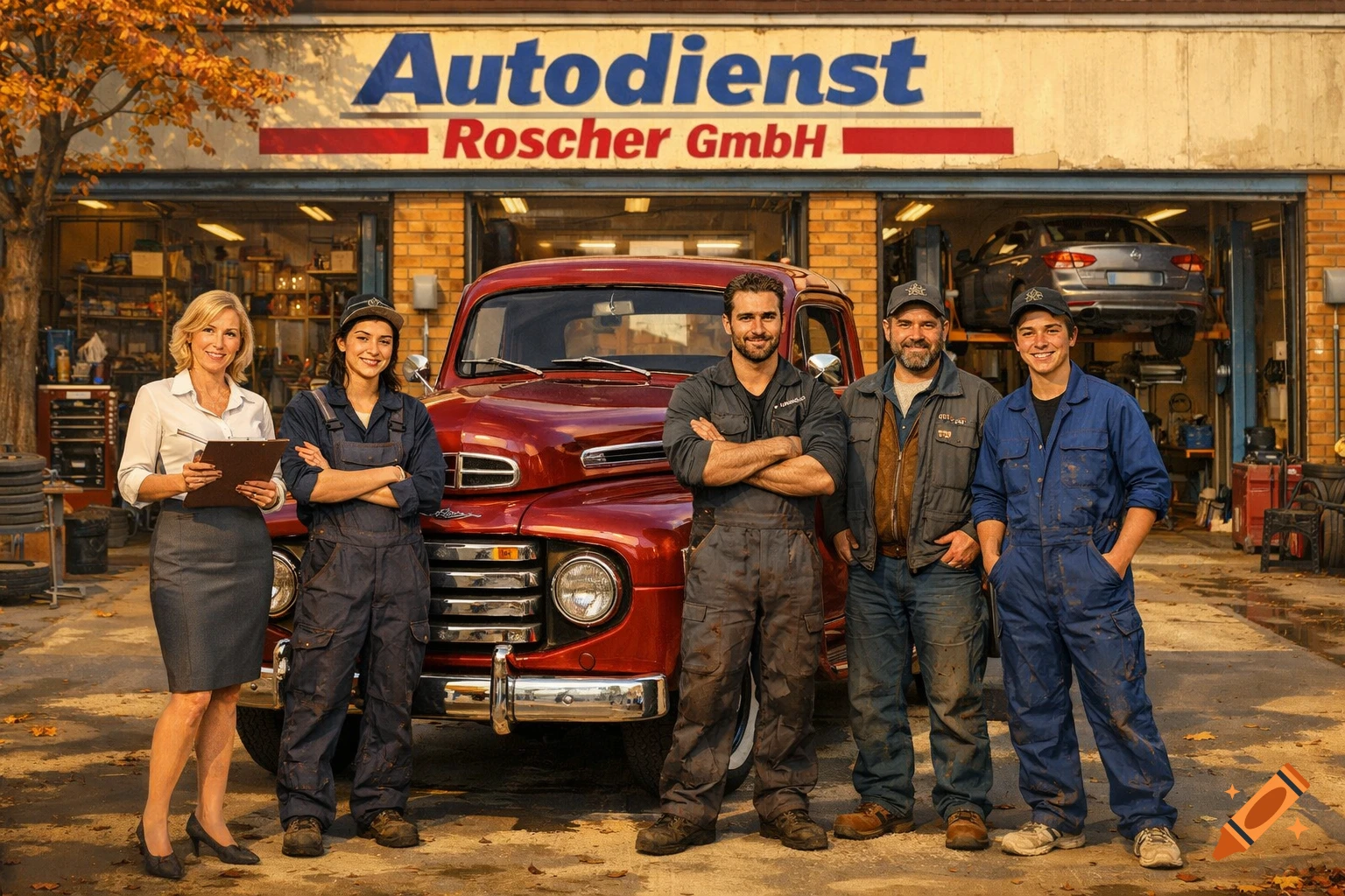 Five mechanics and a secretary stand in front of 'Autodienst Roscher GmbH' auto repair shop with a red vintage Ford F1 pickup, photorealistic.