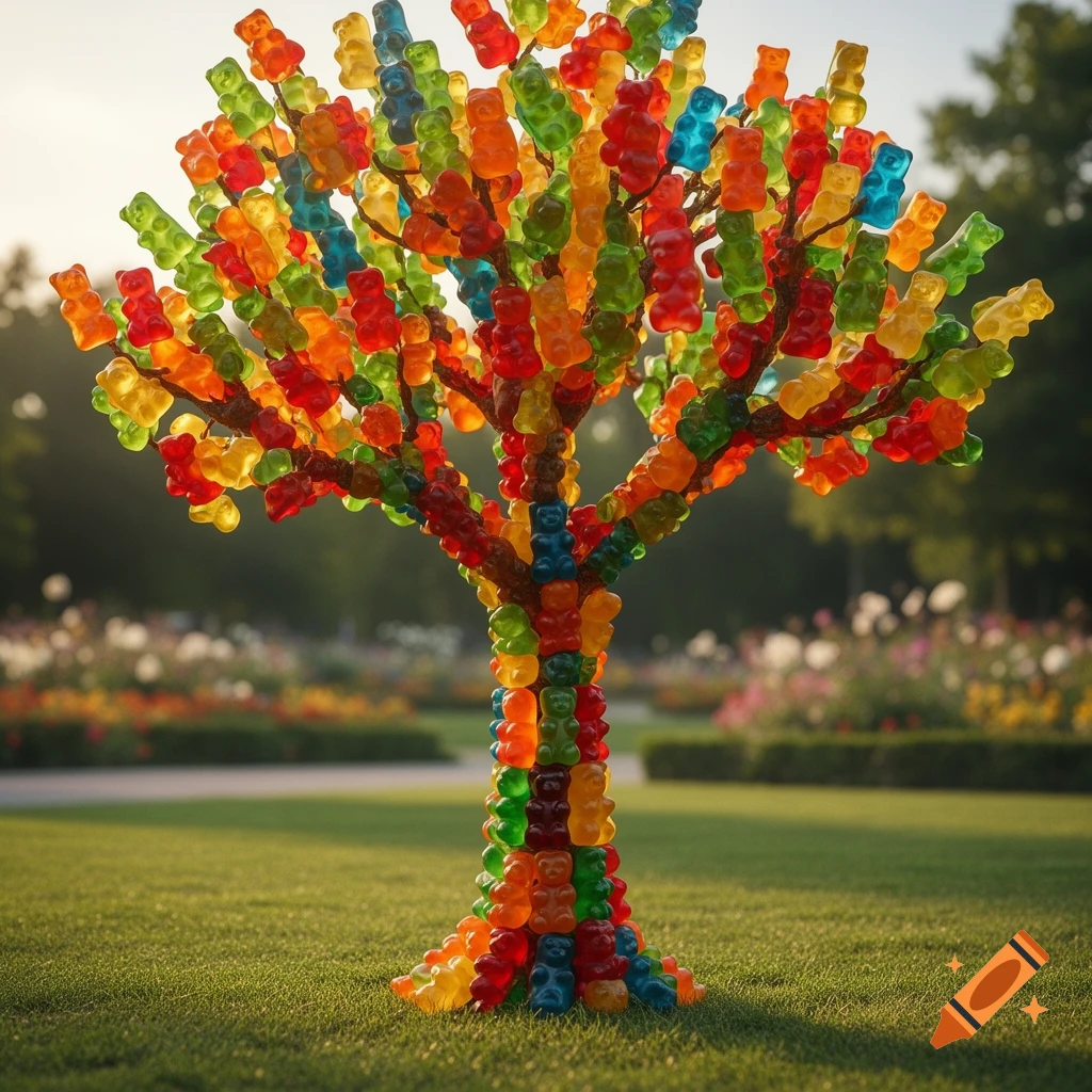 A vibrant tree made entirely of colorful gummy bears stands in a sunlit grassy park with flowers in the background.