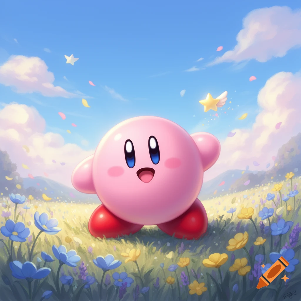 Smiling pink Kirby stands in a vibrant field of blue and yellow flowers under a bright blue sky with fluffy clouds, colorful petals, and sparkling stars.