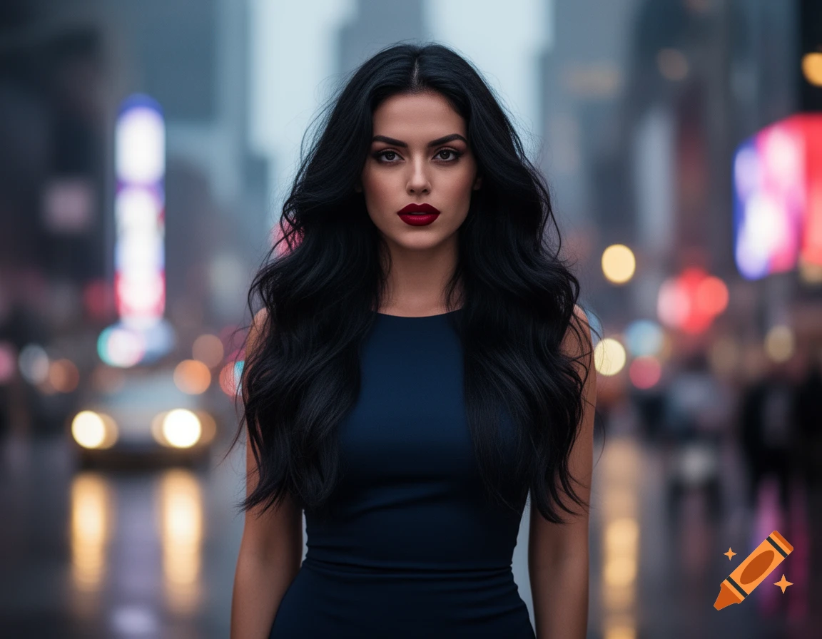 A woman with long dark hair and red lipstick wears a dark dress ...