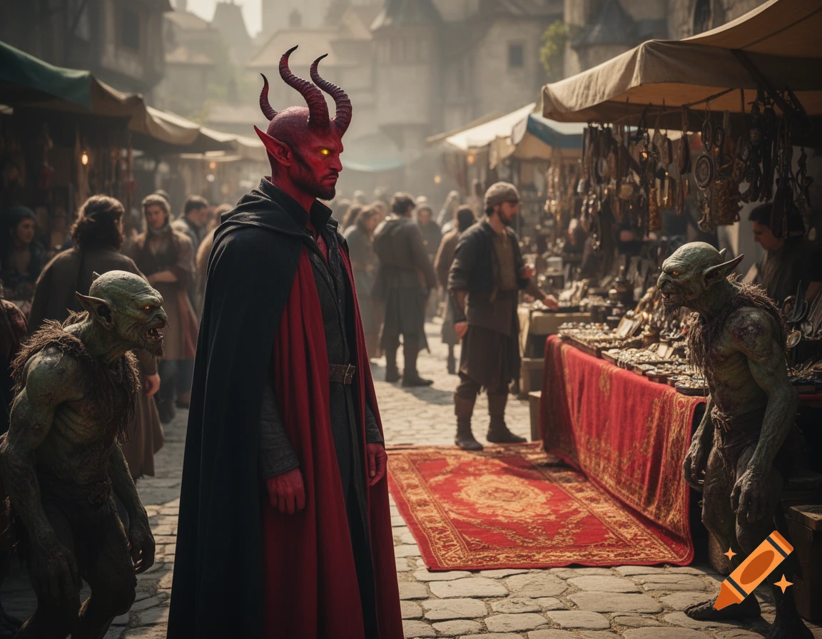 A red-skinned Tiefling with horns and glowing yellow eyes, wearing a black and red cape, stands in a bustling medieval marketplace, flanked by two green goblins. A stall with red carpets is nearby.