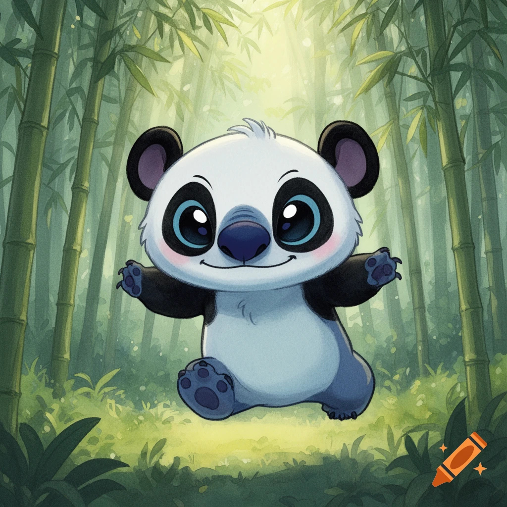 A cute, stylized cartoon panda with large blue eyes smiles while walking in a bright bamboo forest.