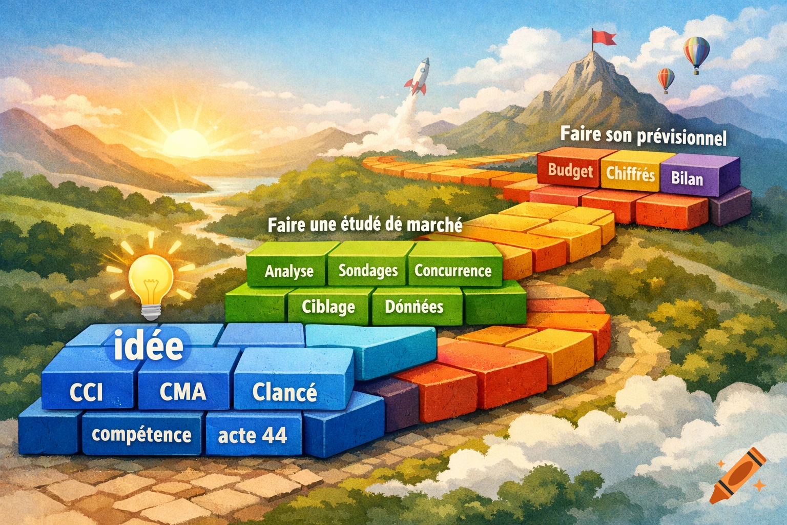 An illustrated path with colorful blocks representing stages of business creation, with a lightbulb for 'idée' and a rocket taking off, leading to a mountain with a flag.