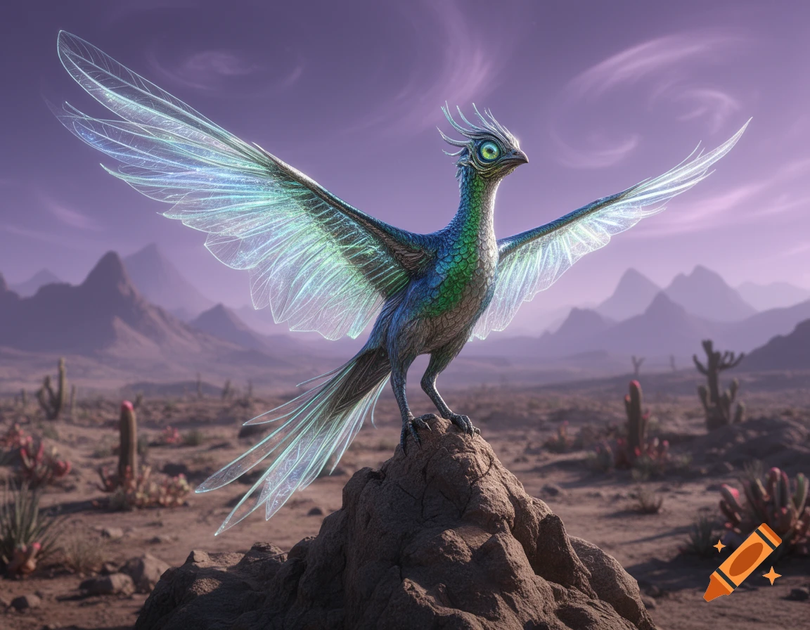 A photorealistic alien bird with iridescent, translucent wings stands on a rock in a purple-skied desert with mountains and cacti.