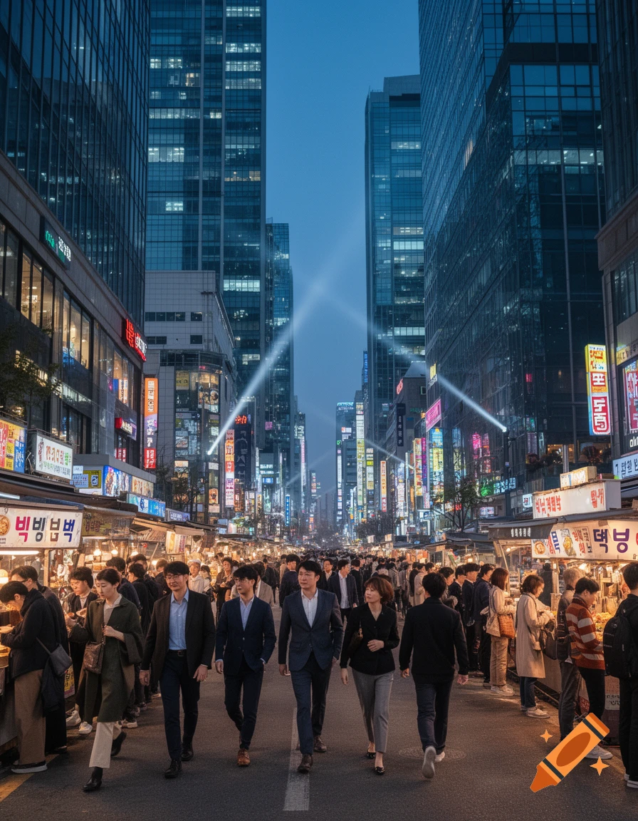 A bustling street at night in a modern Korean city, with crowds of people walking past illuminated market stalls and towering skyscrapers.