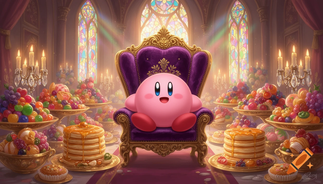 Kirby sitting on a purple and gold throne in a grand, stained-glass hall, surrounded by lavish platters of sweets and fruits.