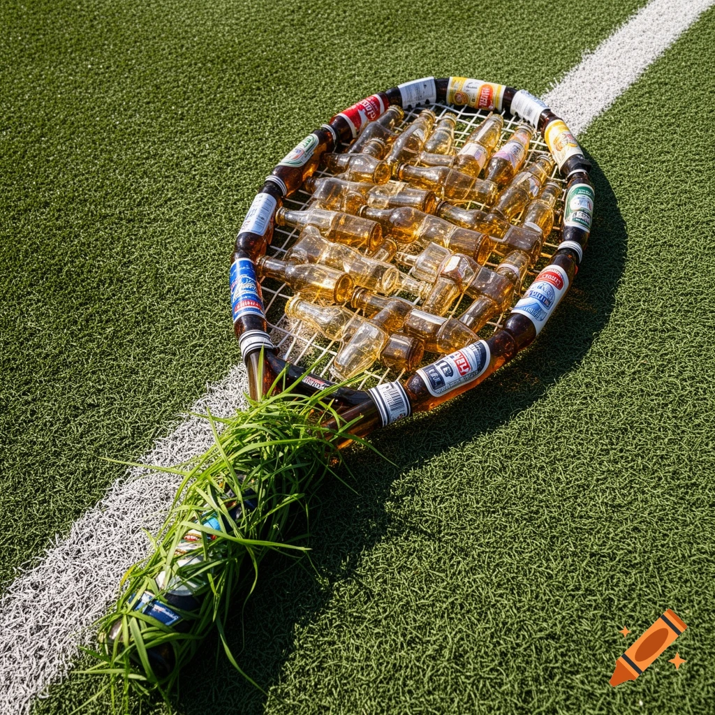 A photorealistic image of a tennis racket crafted from empty beer bottles, lying on a green tennis court with a white line.