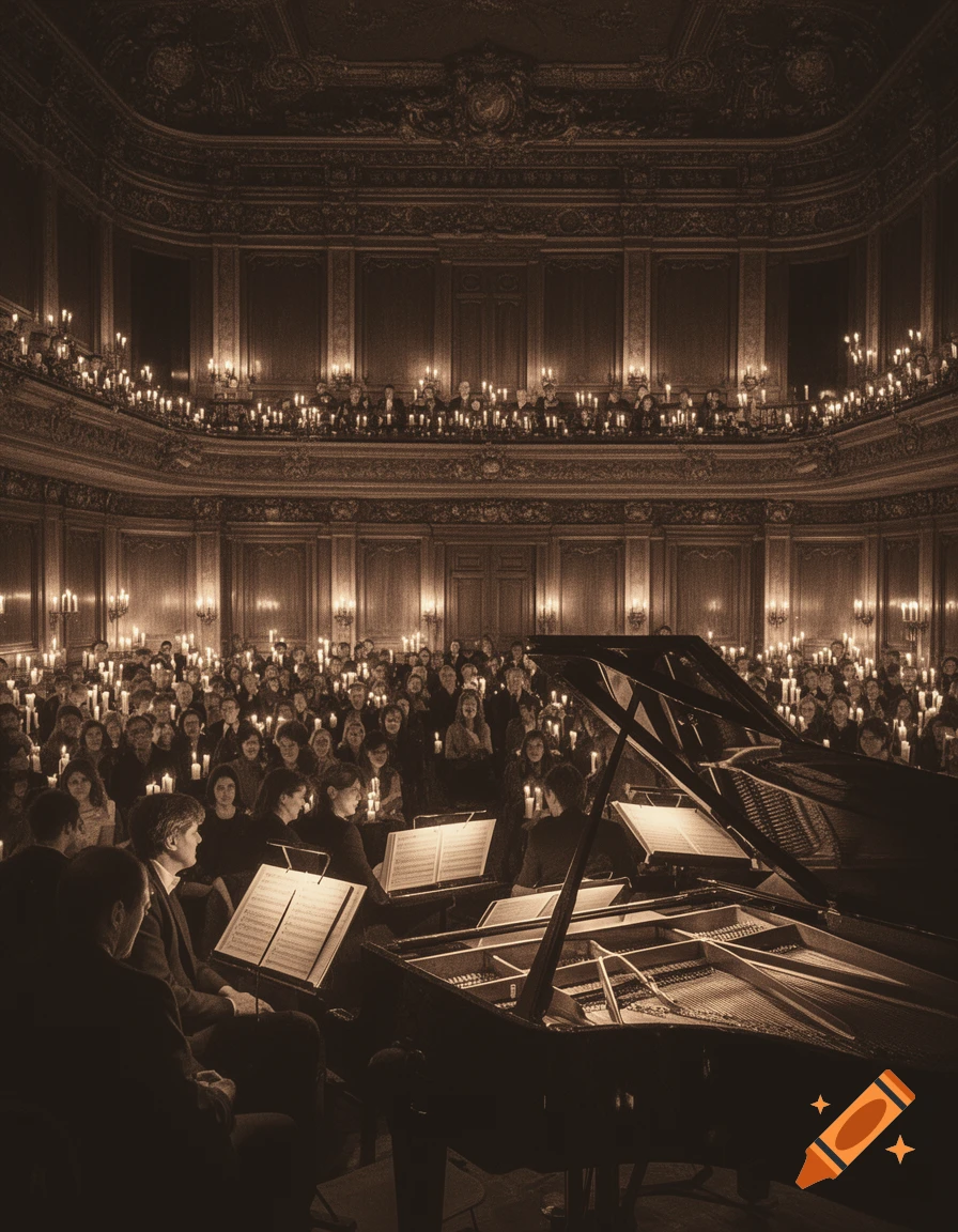 Musicians perform a classical concert in a grand, candlelit hall with an audience. The scene has a warm, sepia-toned aesthetic.