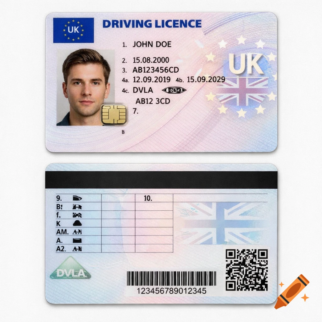 Front and back views of a UK driving license, featuring a photo of a man, 'John Doe', '15.08.2000', and official UK and DVLA logos.