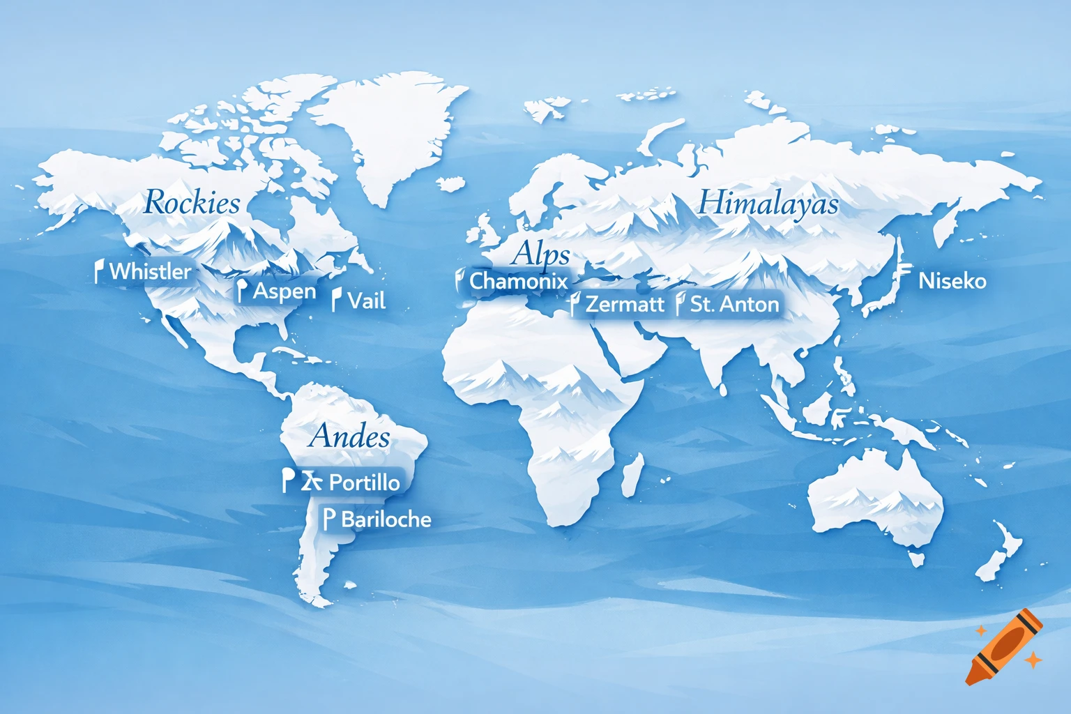 A stylized blue and white world map highlights major mountain ranges and ski resorts with labels.