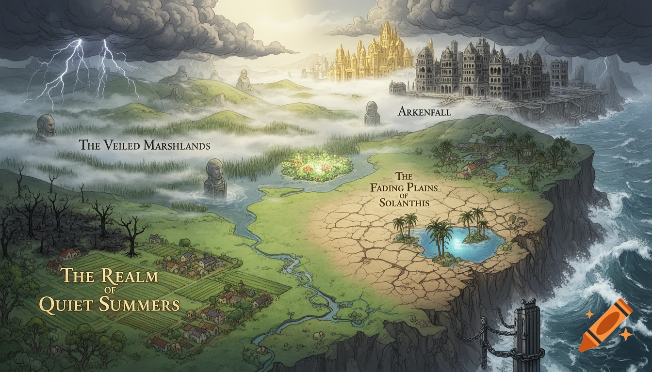 A detailed illustrated fantasy map showcasing diverse regions including ...
