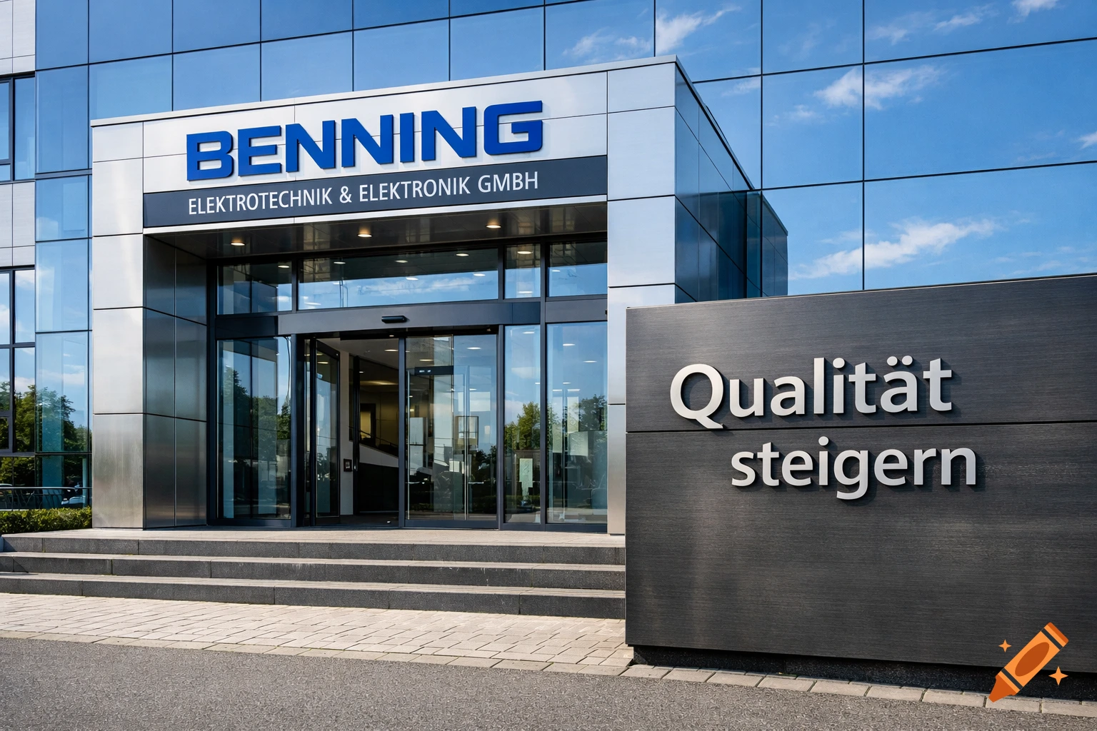 A modern glass and metal office building with a BENNING sign and a separate sign displaying 'Qualität steigern'.