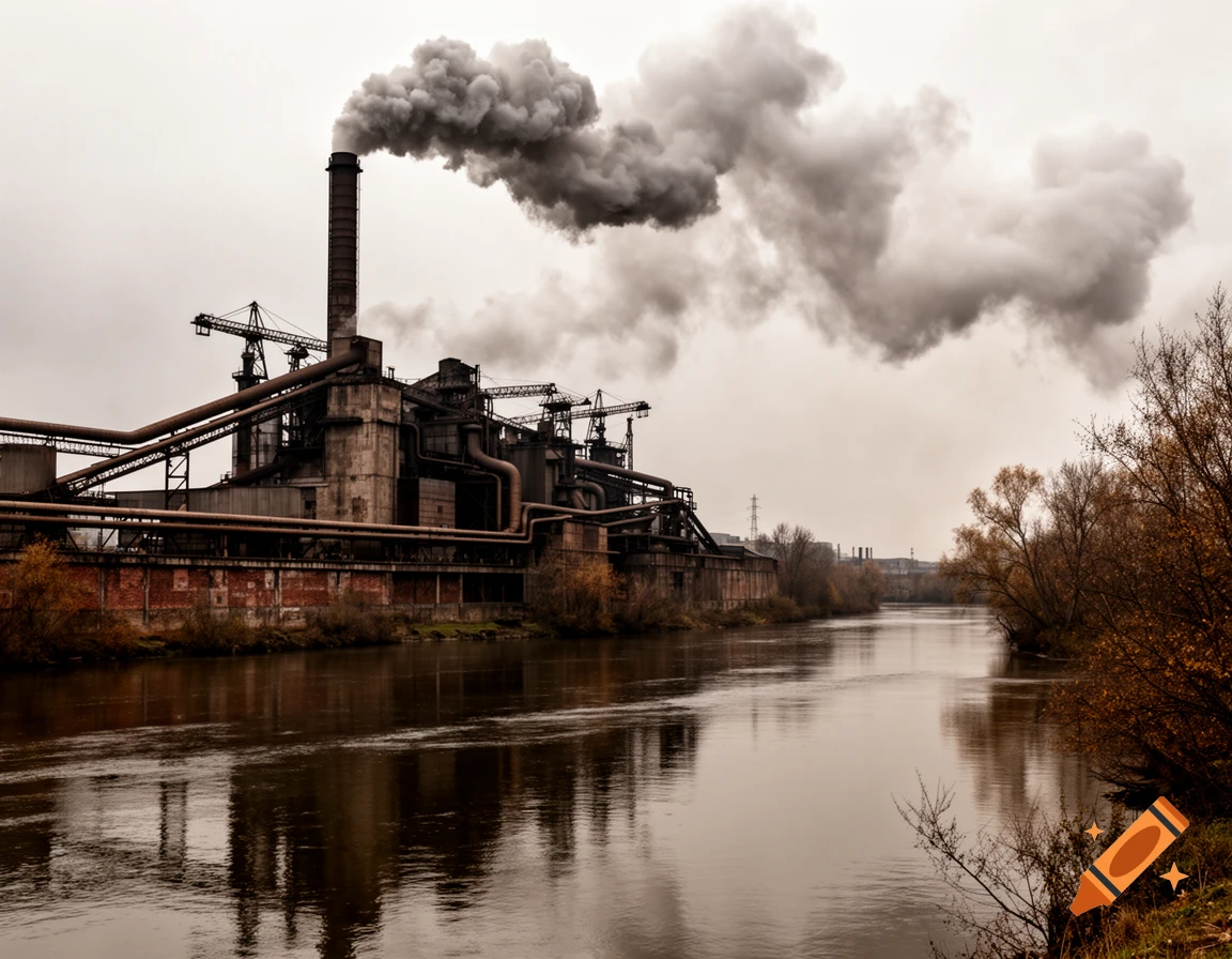 A large industrial factory with a smoking chimney stands by a calm river under an overcast sky, with autumn trees on the banks.