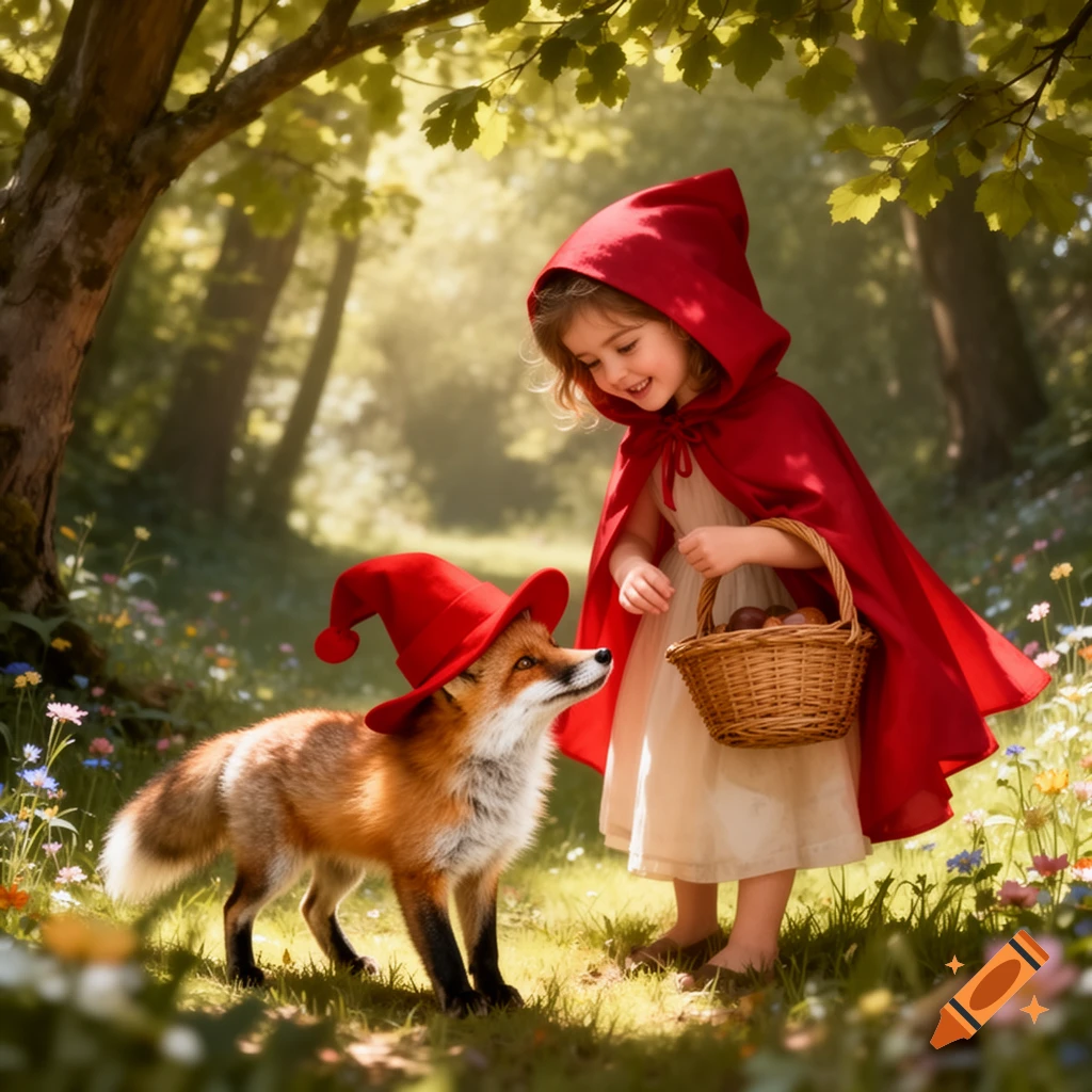 Smiling girl in red cape with basket looks at fox in red hat in a sunlit forest, photorealistic style.