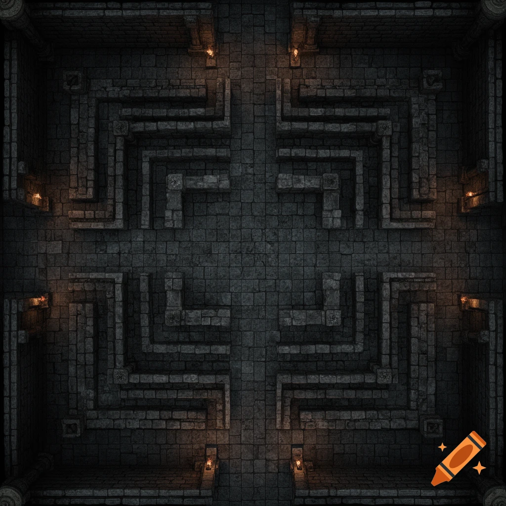 Top-down view of a dark stone dungeon maze with glowing torches illuminating the path.