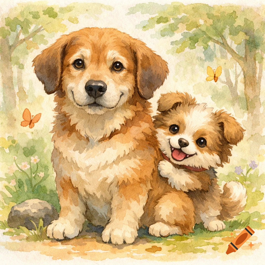 A soft watercolor illustration of a friendly brown dog sitting beside a tiny fluffy puppy with a playful grin in a light forest setting.