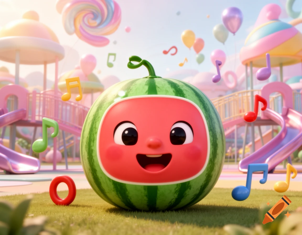 A smiling cartoon watermelon character with musical notes floating in a colorful, candy-themed playground. A red O-shaped object is on the grass.