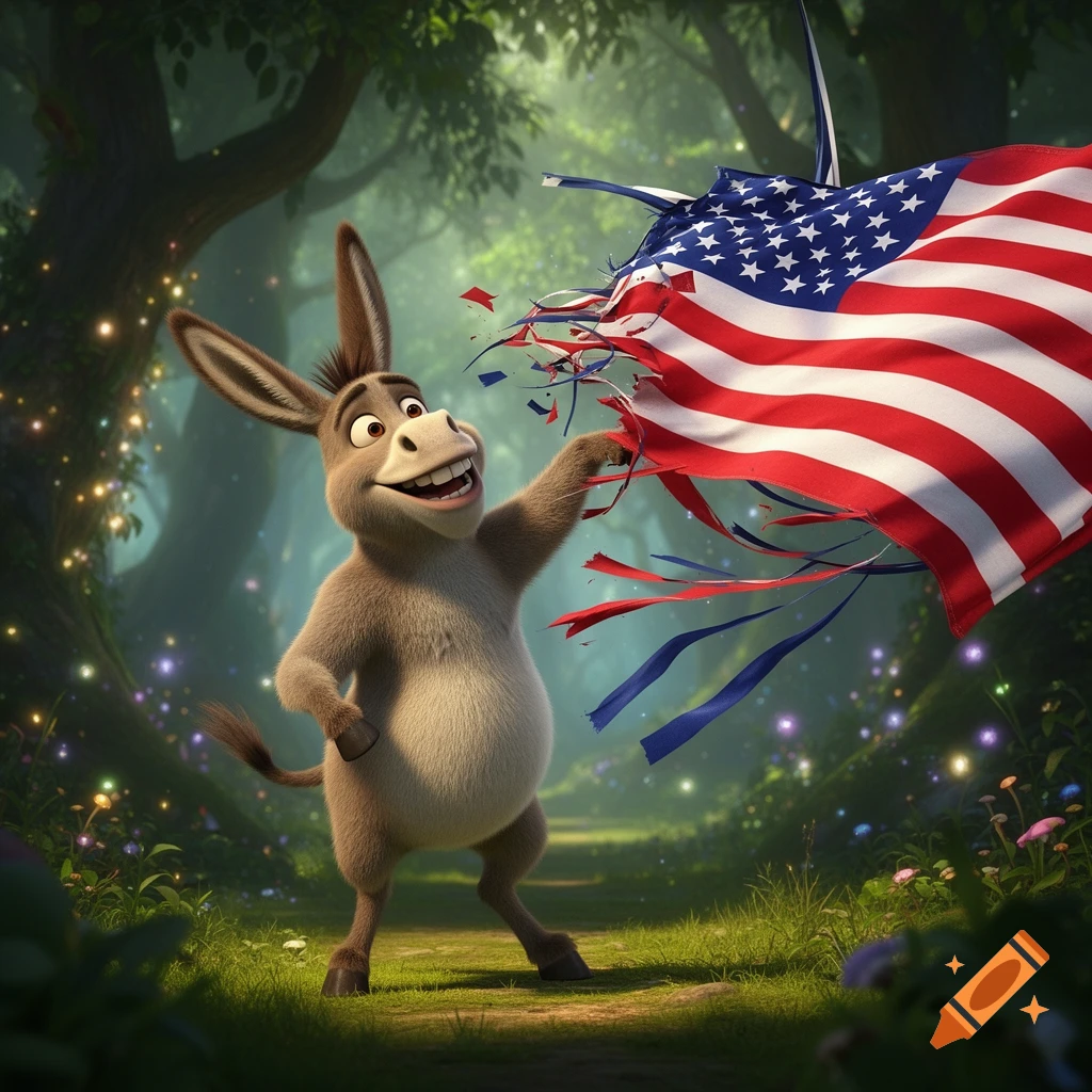 Shrek's Donkey cheerfully tears an American flag amidst a glowing, enchanted forest.