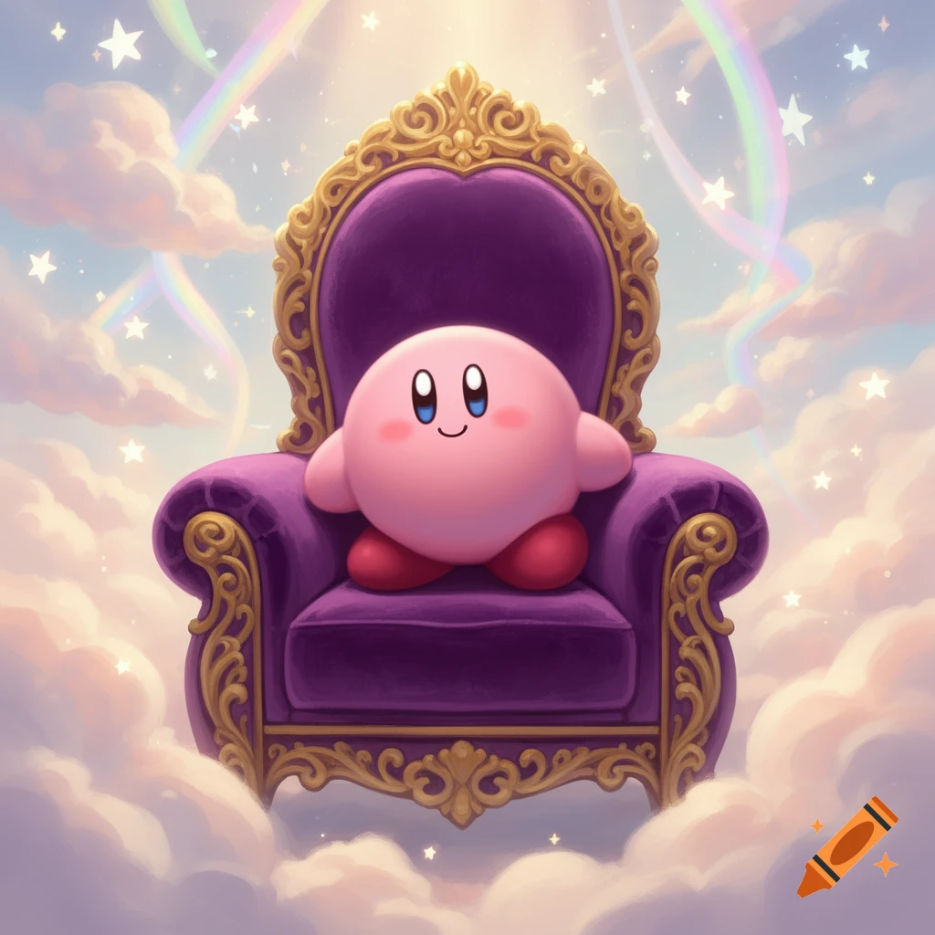 Cartoon pink Kirby sits on a grand purple and gold throne amidst a heavenly sky with clouds, stars, and rainbows.