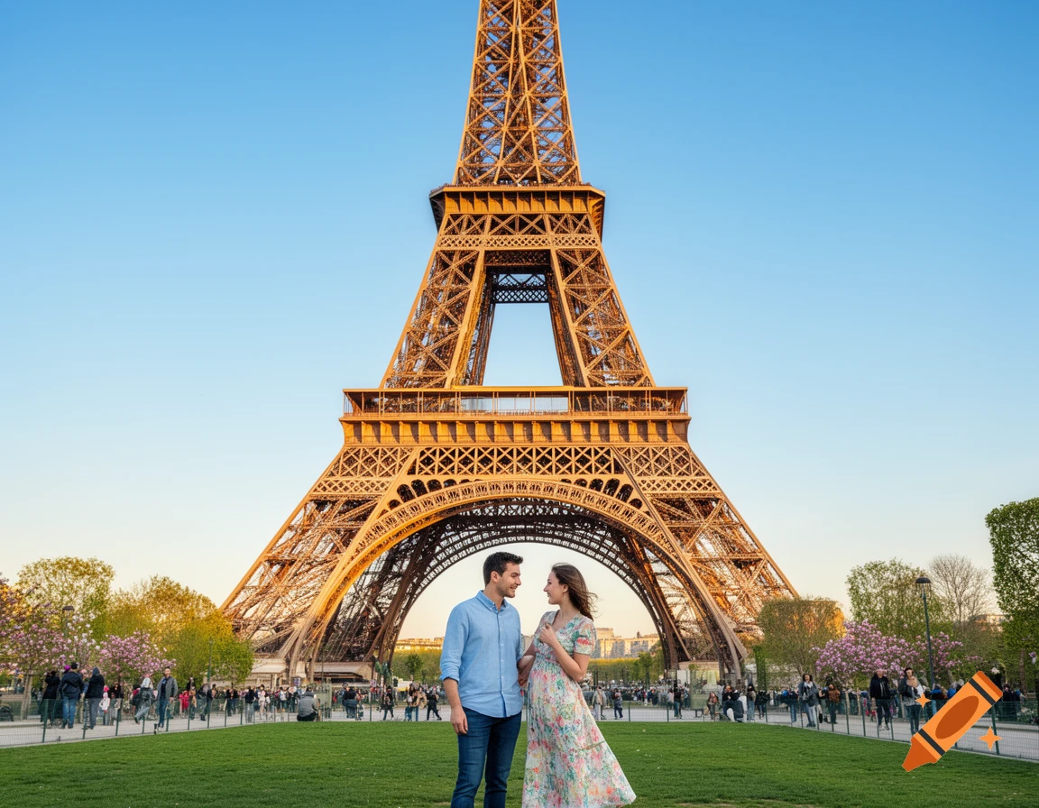 A couple stands on a grassy lawn in front of the Eiffel Tower under a clear blue sky.