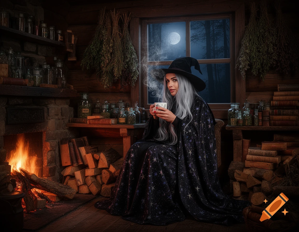 A witch with silver hair and a black hat sits by a roaring fireplace in a rustic room, sipping from a steaming cup as a full moon shines through the window.