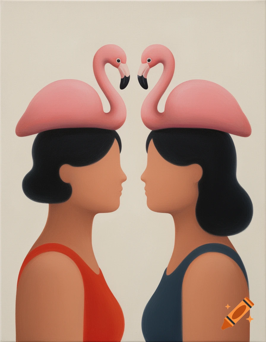 Two minimalist female figures facing each other in profile, each wearing a pink flamingo as a hat, in a flat, matte painting style.