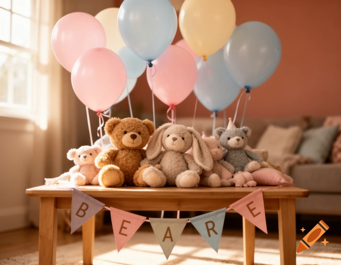 Stuffed animals and pastel balloons on a wooden table with a 'BEARE' banner, bathed in soft light.