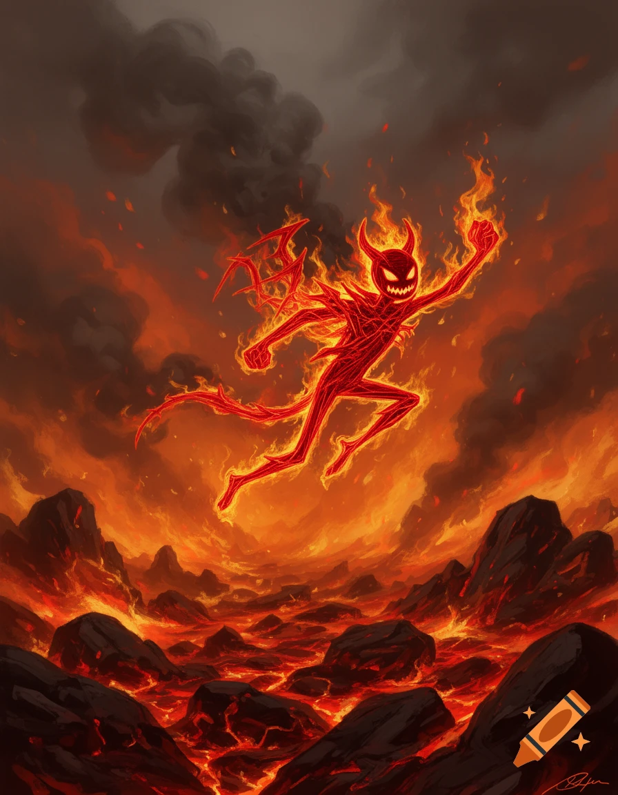 A fiery demon stickman with horns and wings flies over a molten lava landscape under a dark, smoky sky, in a stylized illustration.