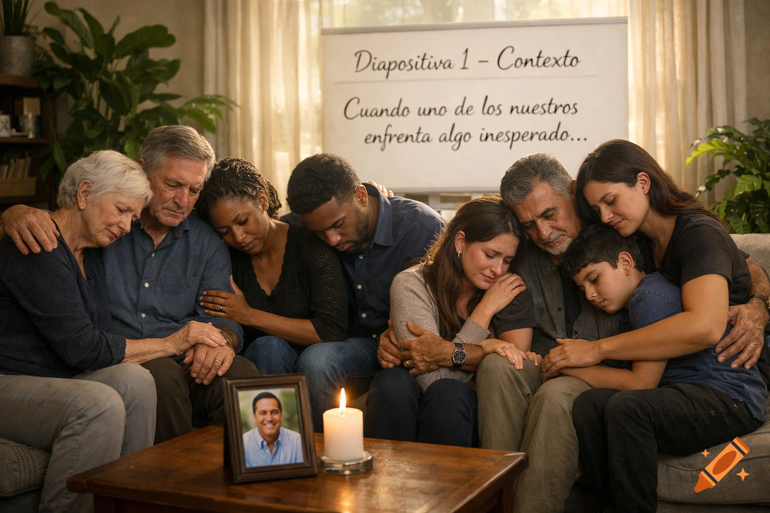 A diverse family gathers on a sofa, comforting each other in grief around a framed photo and lit candle, with text on a whiteboard behind them.