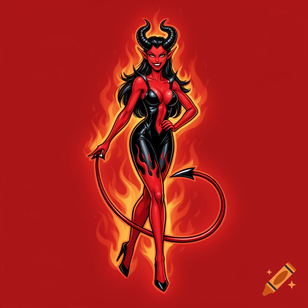 A smiling, red-skinned devil woman with horns and a tail, wearing a black latex outfit with flames, stands against a fiery red background in a pin-up art style.