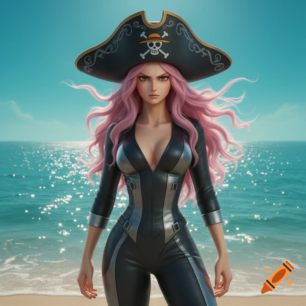 A realistic rendering of Jewelry Bonney from One Piece, a woman with long pink hair and a pirate hat, wearing a form-fitting black and silver suit, standing on a beach with the ocean behind her.